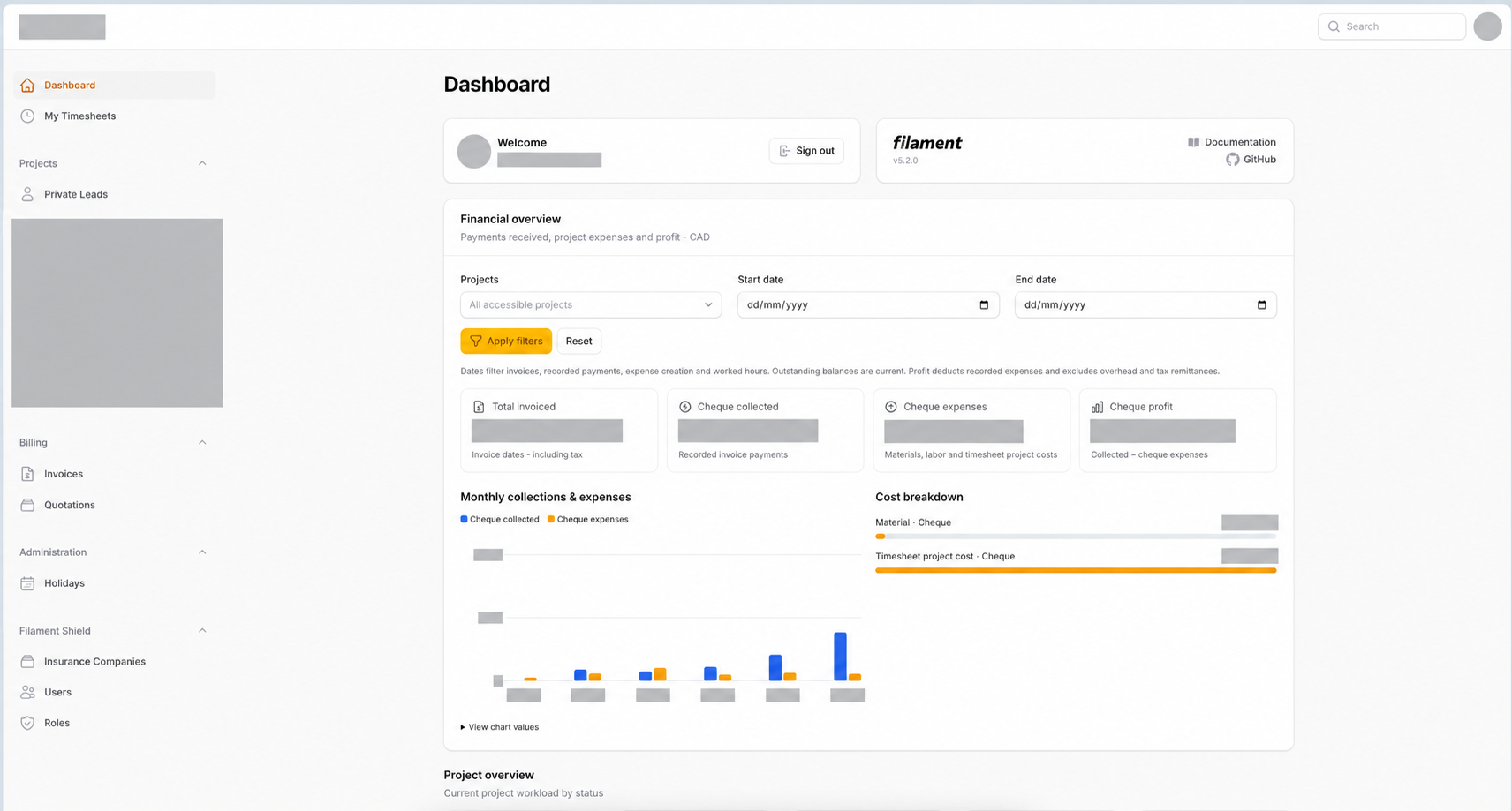 Redacted financial dashboard showing filters, summary cards, and cost charts.
